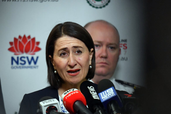 Premier Gladys Berejiklian defends the stadium cost blow-out at a press conference at the Rural Fire Service headquarters in Sydney on Wednesday.