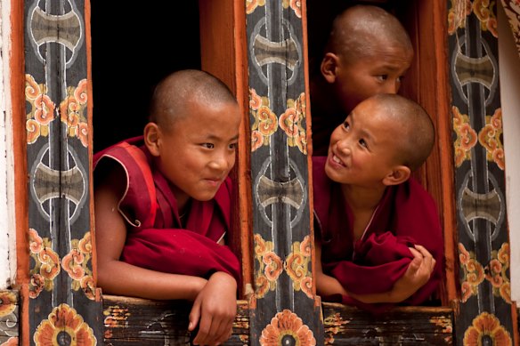 Young monks at a Buddhist monastery in the Bumthang Valley, Bhutan.