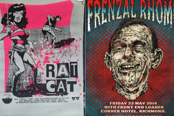 A poster by Simon Day for his band Ratcat, and a poster by Glenn “Glenno” Smith for Frenzal Rhomb.