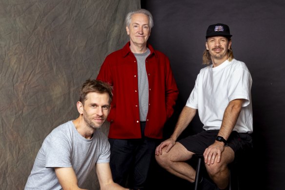 I Was Actually There co-creators (from left) Aaron Smith, Jon Casimir and Kirk Docker, in front of their bespoke backdrop.