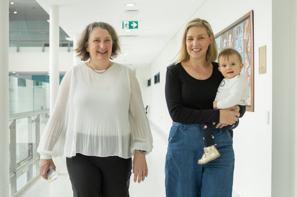 Dr Elizabeth McCarthy from the Mercy Hospital for Women, with author Kate Jones and her daughter Evelyn Hague.