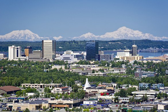 Anchorage and the mountains beyond.