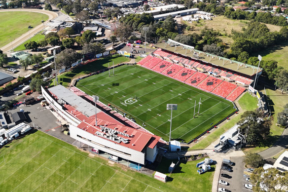 Penrith Stadium, which will be redeveloped in 2025, and behind it the SHMH site at 164 Station Street.