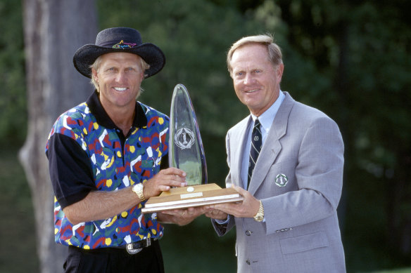 Norman with golf legend Jack Nicklaus at the PGA Tour’s Memorial Tournament in 1995. Nicklaus was also offered the job to head LIV, but declined.