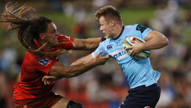 Disaster: Cam Clark's Waratahs slumped to a humiliating one-point loss to the Sunwolves in Newcastle.