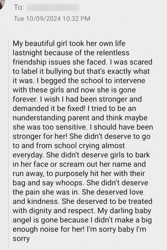 The message sent by Charlotte’s mother to the school after her daughter’s death. 