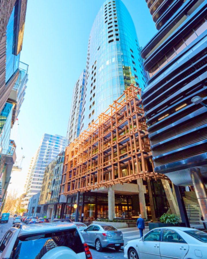 The glass-walled office tower at 16 Claremont Street, South Yarra, has a three-star energy rating.