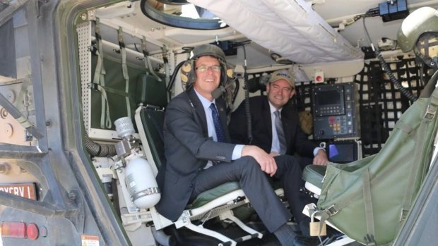 Ipswich mayor Andrew Antoniolli inside a Rheinmetall Boxer armoured vehicle.