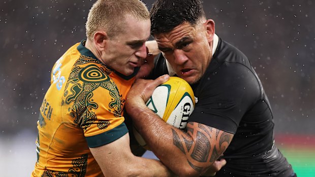 Max Jorgensen and Codie Taylor tussle for possession in last year’s Bledisloe Cup.