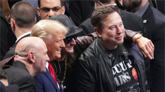 President-elect Donald Trump poses for a photo with Dana White, Kid Rock and “first buddy” Elon Musk at UFC 309 at Madison Square Garden in New York.