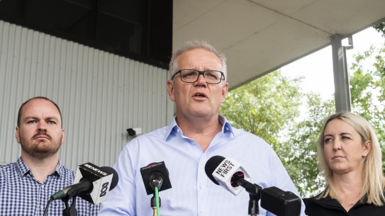 Prime Minister Scott Morrison addresses the media outside the Windsor Police Station about the recent floods. 