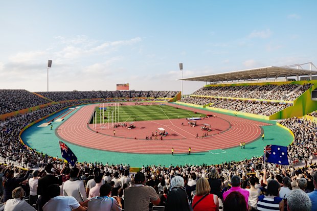 A high-resolution colour render of the Queensland Sport and Athletics Centre obtained via RTI. It had previously only been available in black and white. 