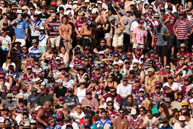 A sea of fans on the hill at 4 Pines Park, home to the Manly Warringah Sea Eagles.