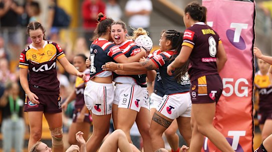 Jocelyn Kelleher celebrates scoring a try during the Roosters’ NRLW semi-final win over Brisbane.