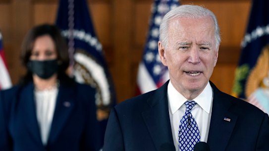 President Joe Biden speaks after meeting with leaders from Georgia’s Asian-American and Pacific Islander community.