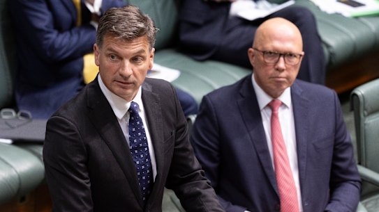 Shadow treasurer Angus Taylor and Opposition Leader Peter Dutton.