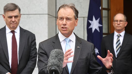 Health Department secretary Professor Brendan Murphy (left), Health Minister Greg Hunt and Chief Medical Officer Professor Paul Kelly  during a press conference last week on the COVID-19 vaccine rollout. 