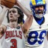 Josh Giddey of the NBA’s Chicago Bulls and NFL player Tyler Higbee of the Los Angeles Rams. Both sports leagues are coming to Melbourne.