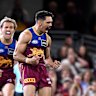 Charlie Cameron celebrates a goal in the Lions’ victory over Hawthorn. 