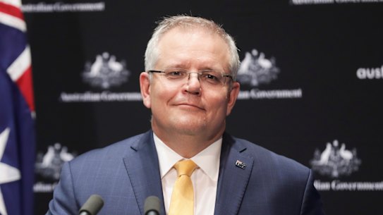 Prime Minister Scott Morrison during a question from a journalist directed to Chief Medical Officer Professor Brendan Murphy on US President Donald Trump's comments relating to the use of ultraviolet light and injections of disinfectant to combat COVID-19, at a press conference to provide an update on the COVID-19 coronavirus pandemic, at Parliament House in Canberra on  Friday 24 April 2020. fedpol Photo: Alex Ellinghausen