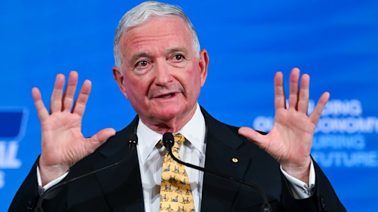 Nick Greiner speaks at the 61st Federal Council of the Liberal Party of Australia at the Hyatt Hotel in Canberra on Friday.