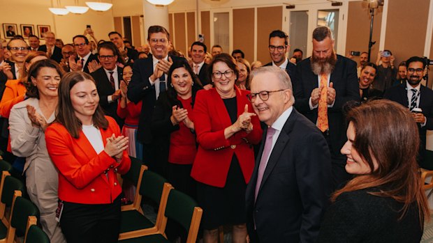 Prime Minister Anthony Albanese enters the first caucus meeting held after the election victory.