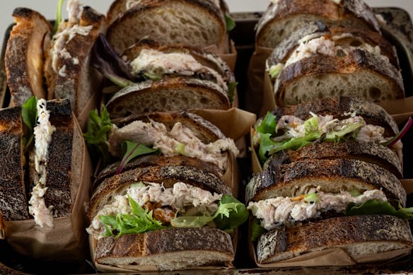 Florian's roast chicken sandwiches with mayo, sesame leaves and crispy skin.