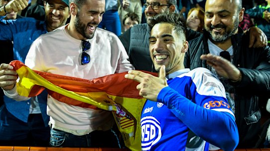 Spanish star Alex Sanchez celebrating Sydney Olympic's 2018 title.