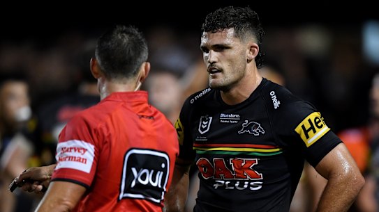 Penrith’s Nathan Cleary goes on report for his tackle on Bronco Billy Walters on Friday night.