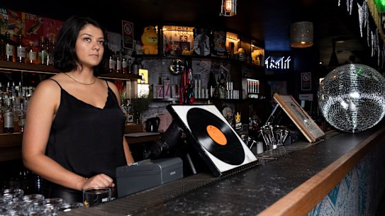 Kayla Lagesse, manager of Goros Bar in Surry Hills, which risks being categorised as a nightclub if it hangs up its mirror ball. 