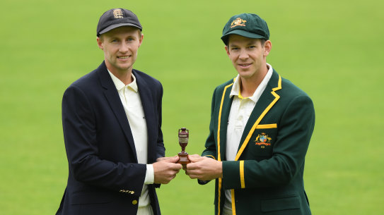 England captain Joe Root with the Ashes and Australian skipper Tim Paine.