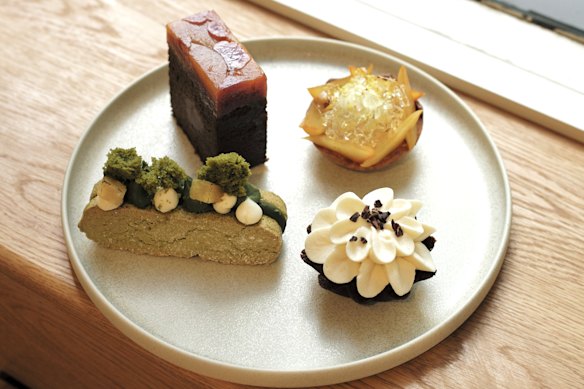 Towa's tea-flavoured treats include an oolong financier with macadamia praline and tofu cream (bottom right).