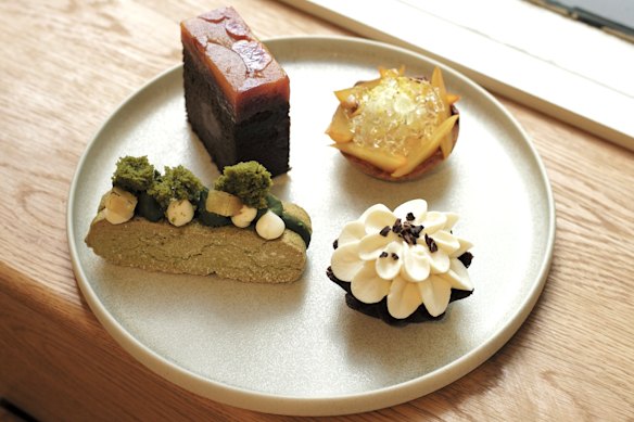 Towa's tea-flavoured treats include an oolong financier with macadamia praline and tofu cream (bottom right).