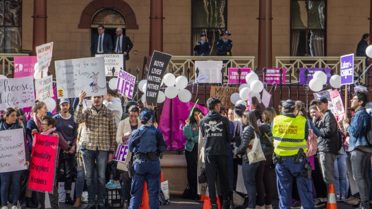 Rally outside State Parliament House, NSW as the Abortion Bill is debated.