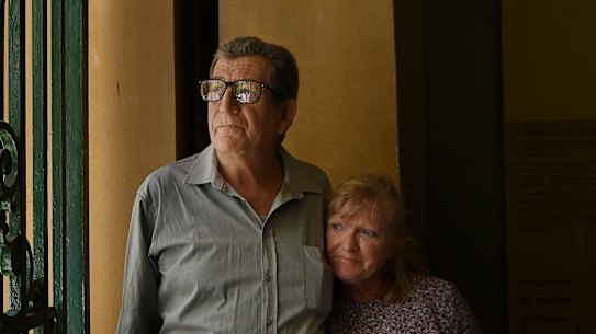 Peter Russell, left, the brother of John Russell, and his partner Donna Hannah outside the LGBTIQ hate crimes inquiry on Tuesday.