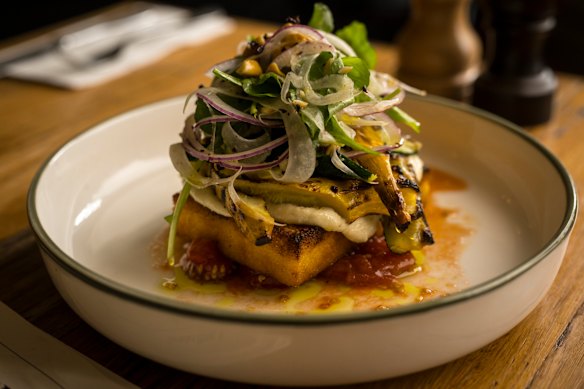 Crisp, pan-fried polenta with just-charred zucchini and almond cream.