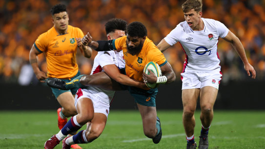 Marika Koroibete is tackled during the third Test against England at the SCG.