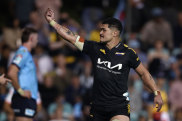 Du’Plessis Kirifi of the Hurricanes gestures to the crowd at Leichhardt Oval.