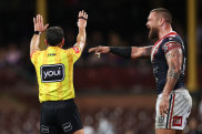 SYDNEY, AUSTRALIA - MAY 21:  Jared Waerea-Hargreaves of the Roosters is sent to the sin bin by referee Gerard Sutton during the round 11 NRL match between the Sydney Roosters and the Penrith Panthers at Sydney Cricket Ground, on May 21, 2022, in Sydney, Australia. (Photo by Matt King/Getty Images)