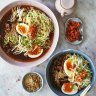 Karen Martini’s ramyeon noodles with spicy broth, chilli beef, soft-boiled egg and kimchi.