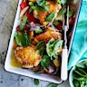 Adam Liaw's chicken, capsicum and basil tray bake recipe.