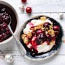 Breakfast crumble with cherries and yoghurt. 