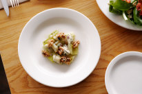 Braised leeks with blue cheese and walnuts.