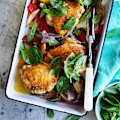 Adam Liaw's chicken, capsicum and basil tray bake recipe.