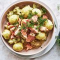 Boiled new potatoes with salmon and dill.