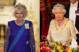 Queen Camilla wearing the sapphire tiara, necklace and earrings at a Buckinham House state dinner for South African President Cyril Ramaphosa. the tiara was last worn by Queen Elizabeth in public at a state dinner for Colombian President Juan Manuel Santos in 2016.