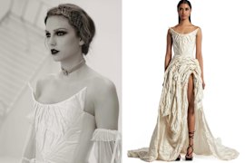 Taylor Swift wearing Toni Maticevski in the music video for ‘Fortnight’ and the dress from his Candescence collection in 2024.