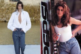 Supermodel Kaia Gerber opens the Valentino autumn 23 haute couture show in blue jeans; Cindy Crawford in denim cut-off jeans for Pepsi in 1992. 