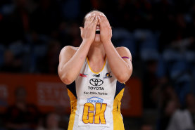 Lightning keeper Ashleigh Ervin expresses her frustration during Saturday night’s controversial Super Netball match against the Giants.