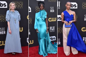 Moody blues. Kirsten Dunst in Julie de Libra, Jodie Turner-Smith in Gucci and Michaela Jaé Rodriguez in Valentino.